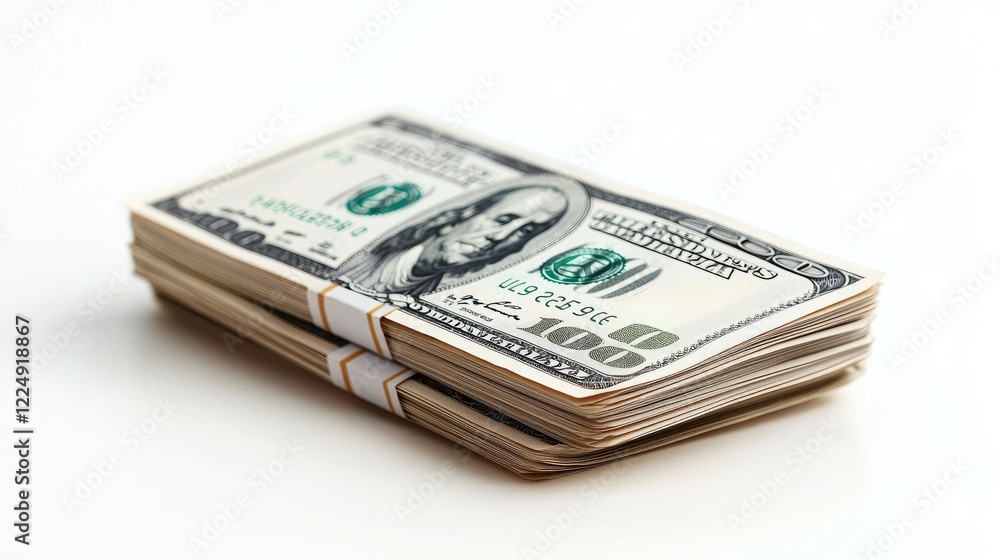 Stack of hundred dollar bills on white background; finance, wealth, business Stack of hundred dollar bills on white background; finance, wealth, business