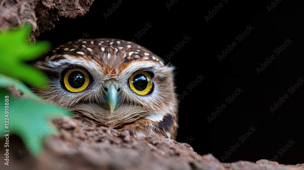 Fototapeta premium Little owl peeking out from a dark tree hollow in a forest during the day.