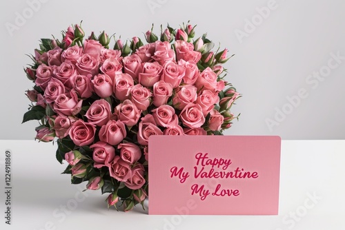A heart shaped bouquet of pink roses with a card that reads “Happy Valentine My Love” MZ