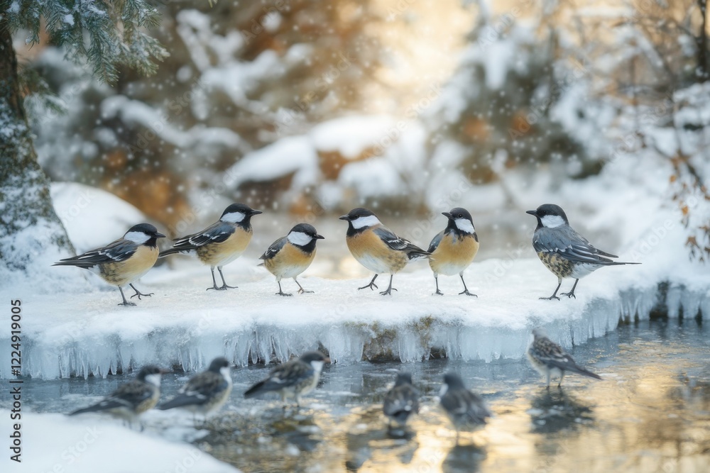 Fototapeta premium Gathered birds by a frozen stream during winter in a snowy forest setting