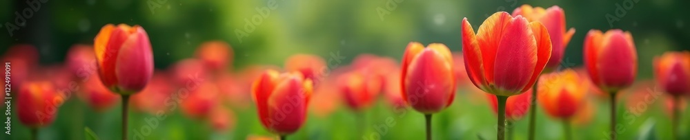 Tulips in a garden with blurry background and raindrops, water drops, greenery, spring flowers Tulips in a garden with blurry background and raindrops, water drops, greenery, spring flowers