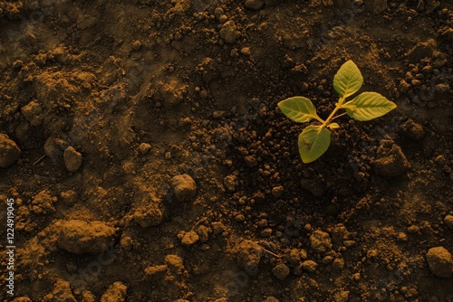 Green Plant Seedling Growing in Brown Soil Under Warm Sunset Light photo