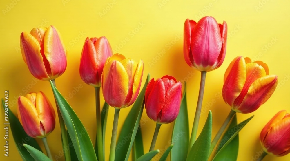 Vibrant Spring Blossoms A Close-Up of Six Tulips Arranged Against a Sunny Yellow Background, Showcasing Their Rich Hues and Delicate Petals Vibrant Spring Blossoms A Close-Up of Six Tulips Arranged Against a Sunny Yellow Background, Showcasing Their Rich Hues and Delicate Petals