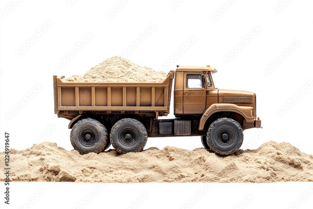 Obraz premium Dump Truck filled with sand isolated on white background. Dump Truck icon. Heavy Machinery. Construction Vehicle with sand. Dump Truck Design Element. Sand-filled Dump Truck isolated.