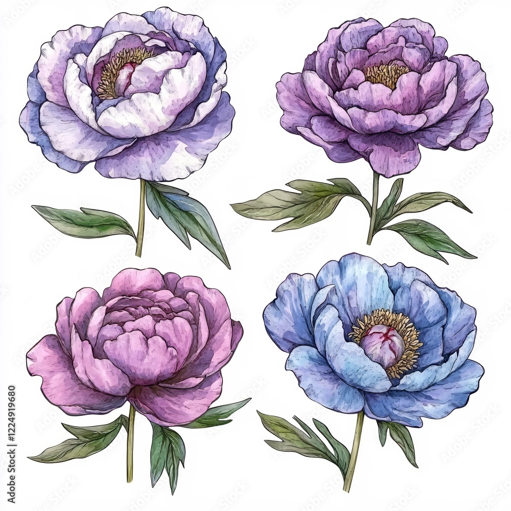 Obraz premium Four watercolor peony flowers in blue purple and pink on white background artistic floral design
