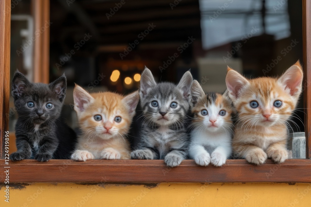 Five adorable kittens sitting on a window sill in a cozy indoor setting during the day Five adorable kittens sitting on a window sill in a cozy indoor setting during the day
