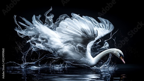 Fototapeta Naklejka Na Ścianę i Meble -  Graceful swan taking flight, water splashes, dark background, fantasy art, website design