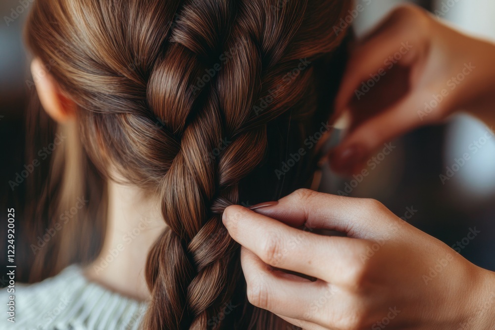 Fototapeta premium Braiding long brown hair in a cozy indoor setting during daylight hours