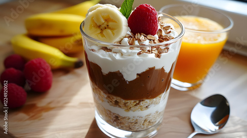 Gesundes Frühstück mit Joghurt, Schokolade, Banane und Müsli im Glas  
 photo