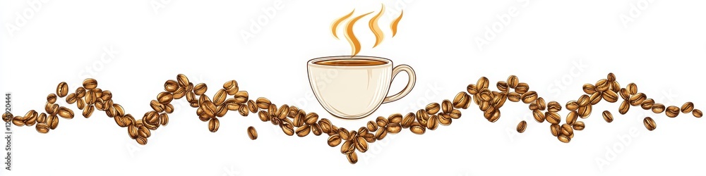 Obraz premium Steaming Cup Of Coffee Framed By Two Waves Of Roasted Coffee Beans On White Background