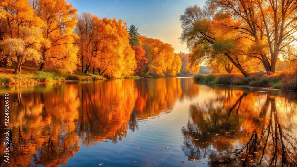 Obraz premium A tranquil autumn morning by the river with orange-toned water and reflections of golden leaves on the surrounding trees, orange tones, reflective surfaces