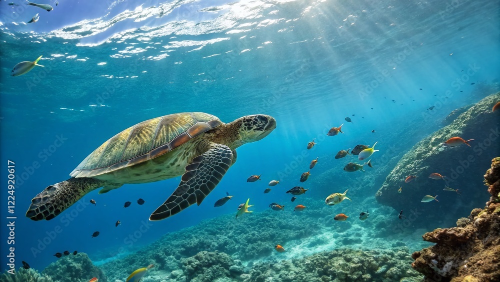 Fototapeta premium Serene Underwater Scene: Turtle and Fish Swimming in Vibrant Blue Ocean