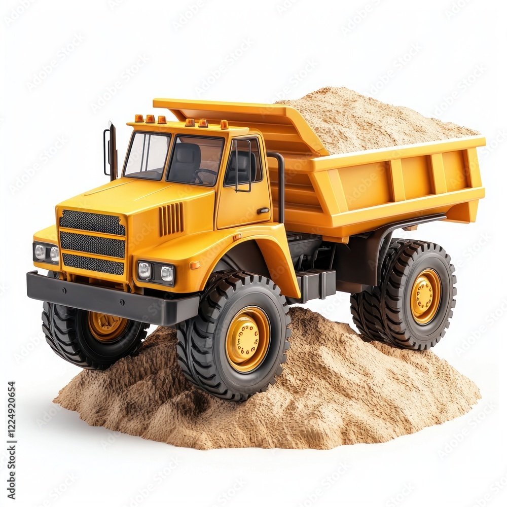 Obraz premium Dump Truck filled with sand isolated on white background. Dump Truck icon. Heavy Machinery. Construction Vehicle with sand. Dump Truck Design Element. Sand-filled Dump Truck isolated.