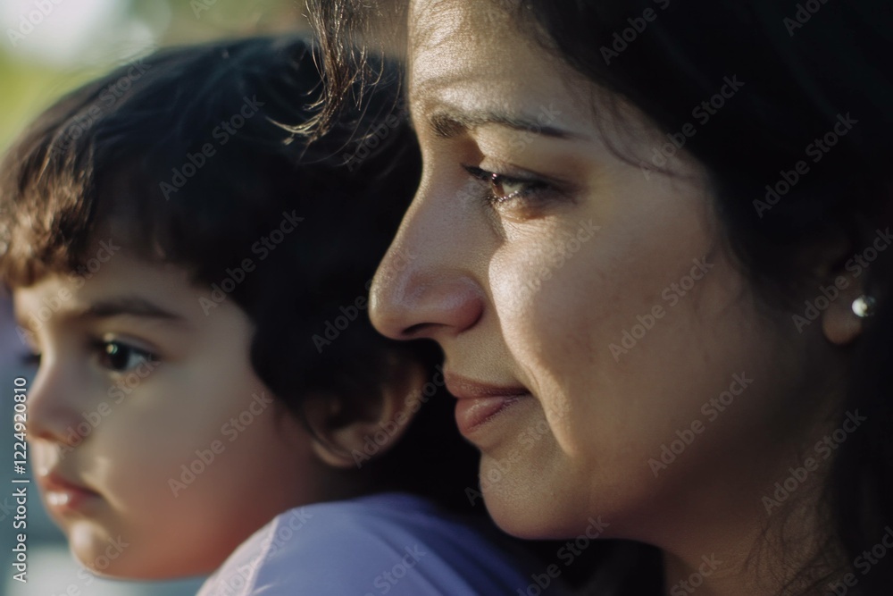 Close up portrait of a South Asian woman and her child, reflecting love and connection with soft sunlight in a natural outdoor setting Close up portrait of a South Asian woman and her child, reflecting love and connection with soft sunlight in a natural outdoor setting