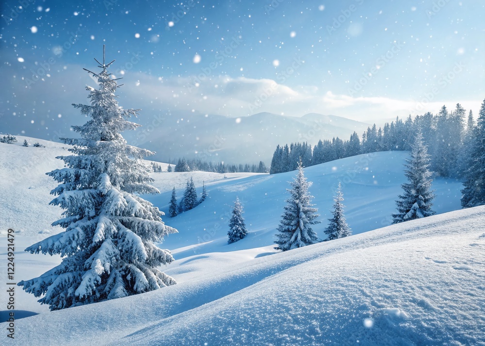 Obraz premium Serene Winter Wonderland: Snow-Covered Hills, Pine Trees, Falling Snowflakes - Macro Photography