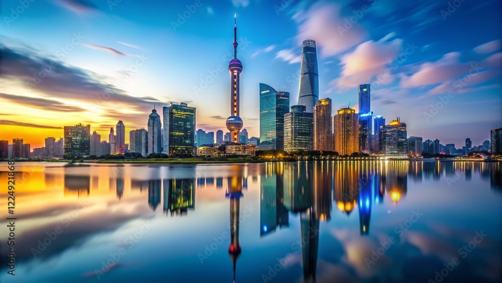 Fototapeta premium Shanghai Skyline: Modern & Traditional Architecture at Dusk, Long Exposure