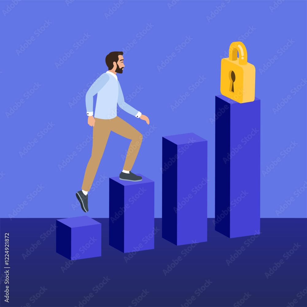 Businessman walking up steps towards security lock on top of graph Businessman walking up steps towards security lock on top of graph