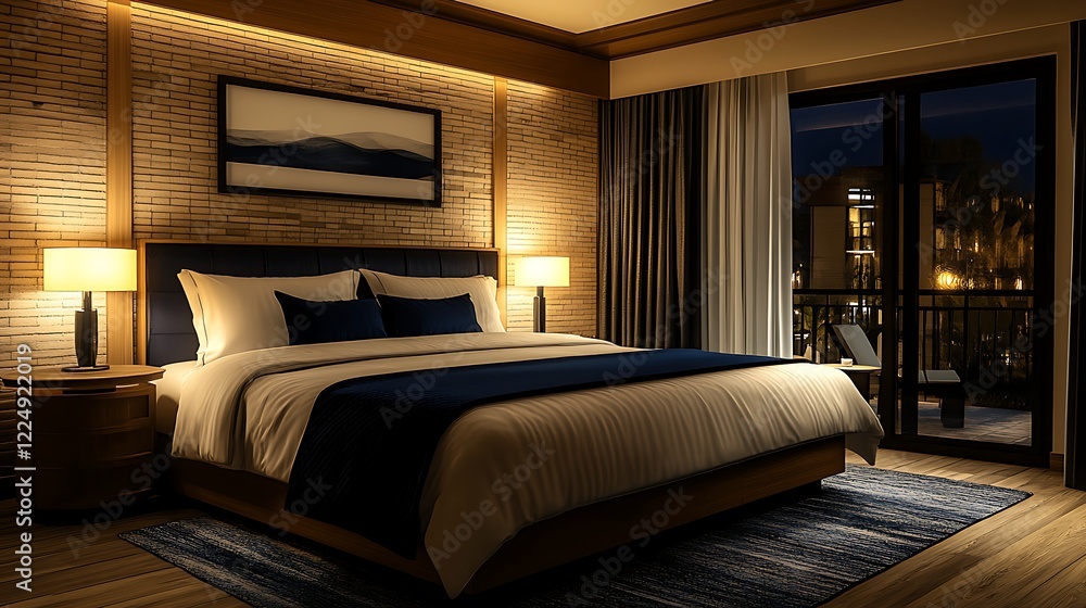 Cozy Modern Bedroom with Brick Wall and Warm Lighting Cozy Modern Bedroom with Brick Wall and Warm Lighting