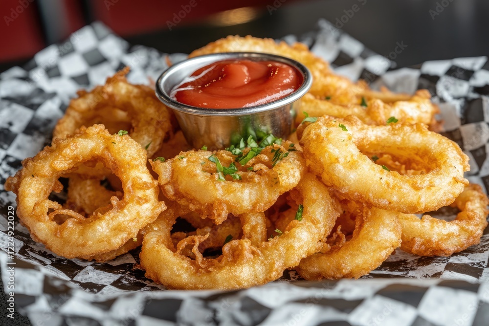 A pile of crispy, golden onion rings with a small bowl of ketchup in the center A pile of crispy, golden onion rings with a small bowl of ketchup in the center