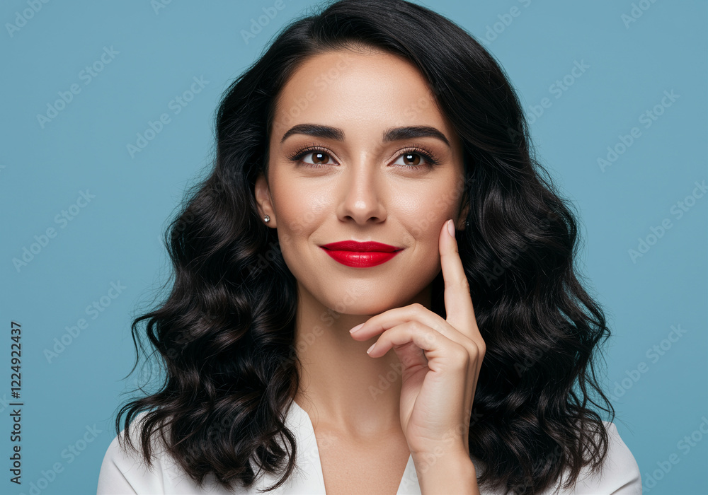 Woman with beautiful smile and attractive features posing elegantly with smooth hair Woman with beautiful smile and attractive features posing elegantly with smooth hair