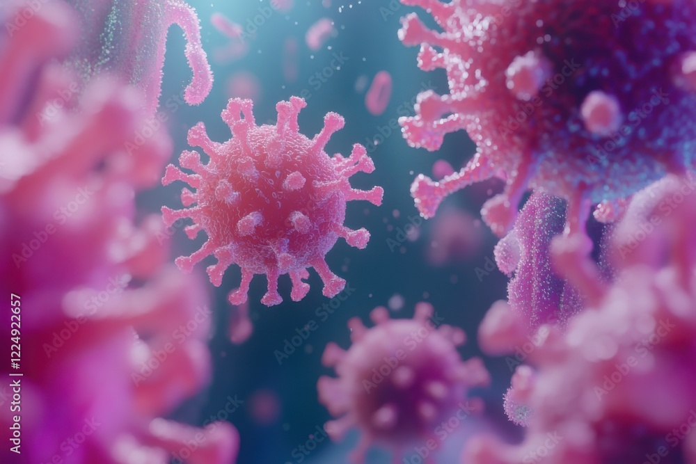 Fototapeta premium Virus particles in a highly detailed microscopic view showcasing their structure and complexity in a colorful background