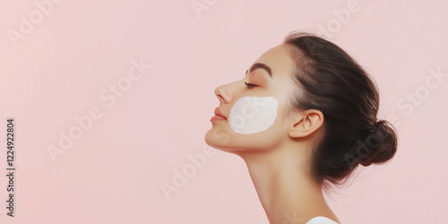 Beautiful youthful woman with facial moisturizer lotion, side view with pink background