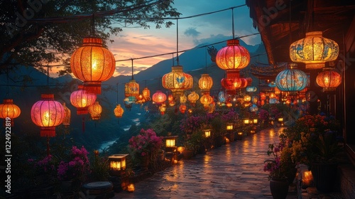 Wallpaper Mural A Magical, Lantern-Lit Pathway Winds Through A Vibrant, Flowering Landscape At Sunset, Offering A Serene And Enchanting Atmosphere. Torontodigital.ca