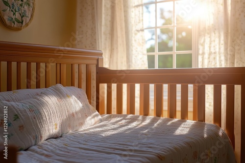Sunny morning light streams through a window, illuminating a wooden crib with soft bedding. Perfect for themes of peace, tranquility, and newborn well-being.