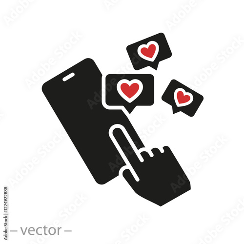 click hearts likes, social media engagement icon, mobile phone comments, flat vector illustration