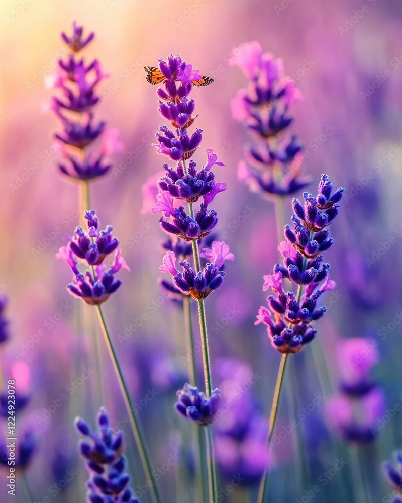 Naklejka premium Lavender field with butterfly resting on a flower during golden hour with soft light