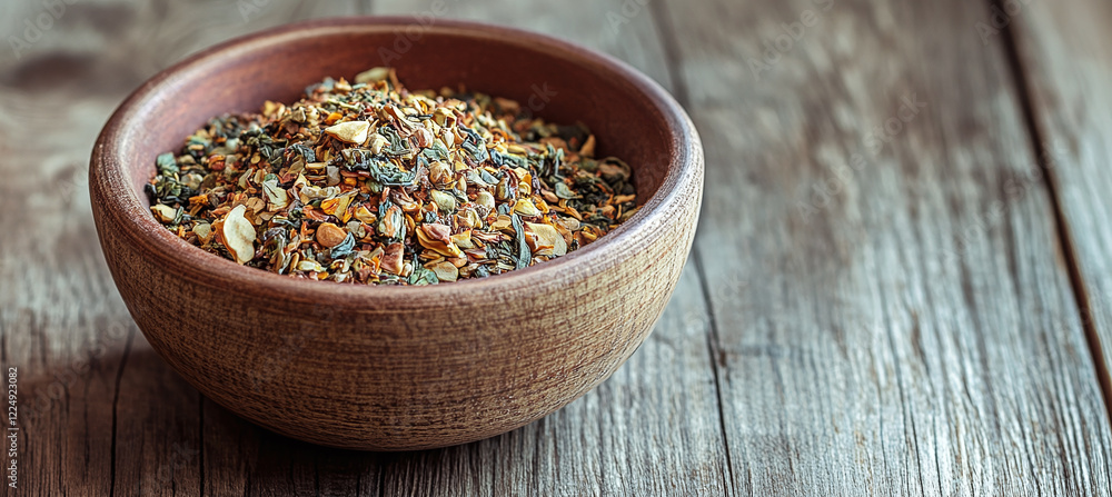 Bowl of Loose Black Tea Leaves on Wooden Background