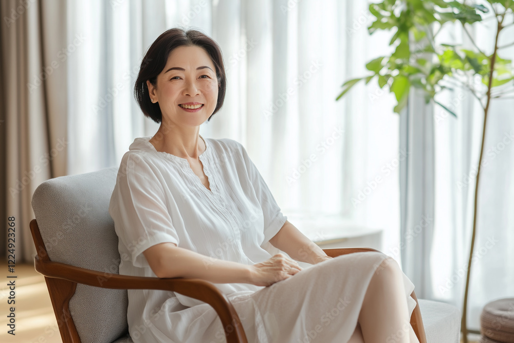 Happy elegant woman sitting in living room at home. Relaxation, wellbeing concept Happy elegant woman sitting in living room at home. Relaxation, wellbeing concept