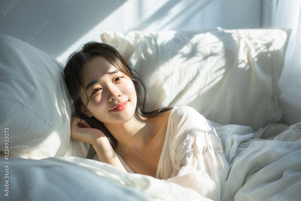 Happy young beautiful Asian woman lying down on bed after wake up in the morning. Relaxing concept Happy young beautiful Asian woman lying down on bed after wake up in the morning. Relaxing concept