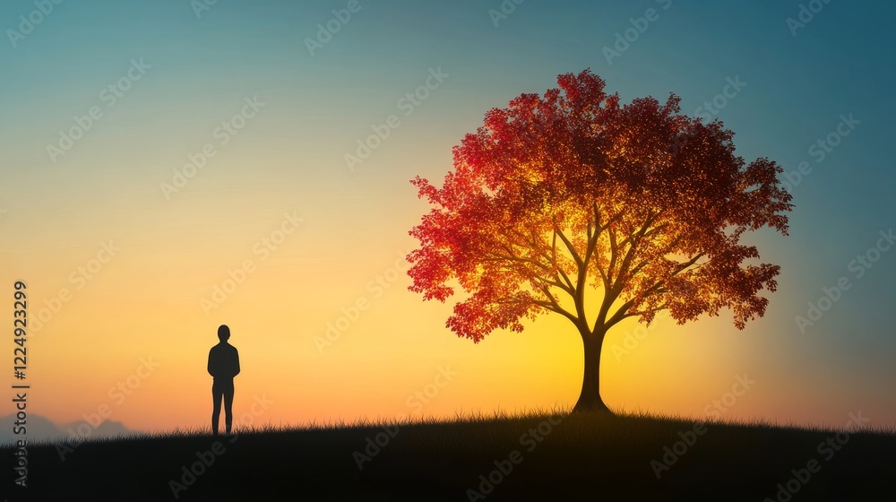A Silhouette of a Person and a Glowing Autumn Tree - Solitude, hope, autumn, tranquility, reflection. A person stands silhouetted against a vibrant sunset, contemplating a luminous tree. A Silhouette of a Person and a Glowing Autumn Tree - Solitude, hope, autumn, tranquility, reflection. A person stands silhouetted against a vibrant sunset, contemplating a luminous tree.