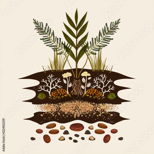 Vector cross-section of soil illustration showcasing plants, roots, and seeds