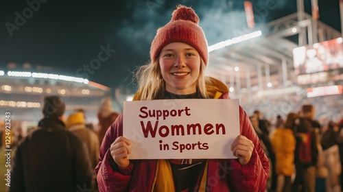 A Passionate Advocate Holding a Sign in Support of Women in Sports at a Vibrant Nighttime Sporting Event photo