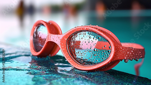 Closeup of coralcolored swimming goggles covered in water droplets, resting on a poolside surface.  Vibrant, refreshing image ideal for summer promotions, health  fitness, or aquaticthemed projects. photo