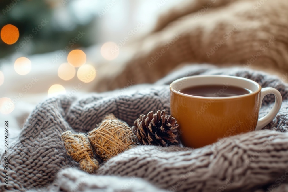 Warm drink displayed on a cozy blanket by softly blurred festive lights during winter season Warm drink displayed on a cozy blanket by softly blurred festive lights during winter season