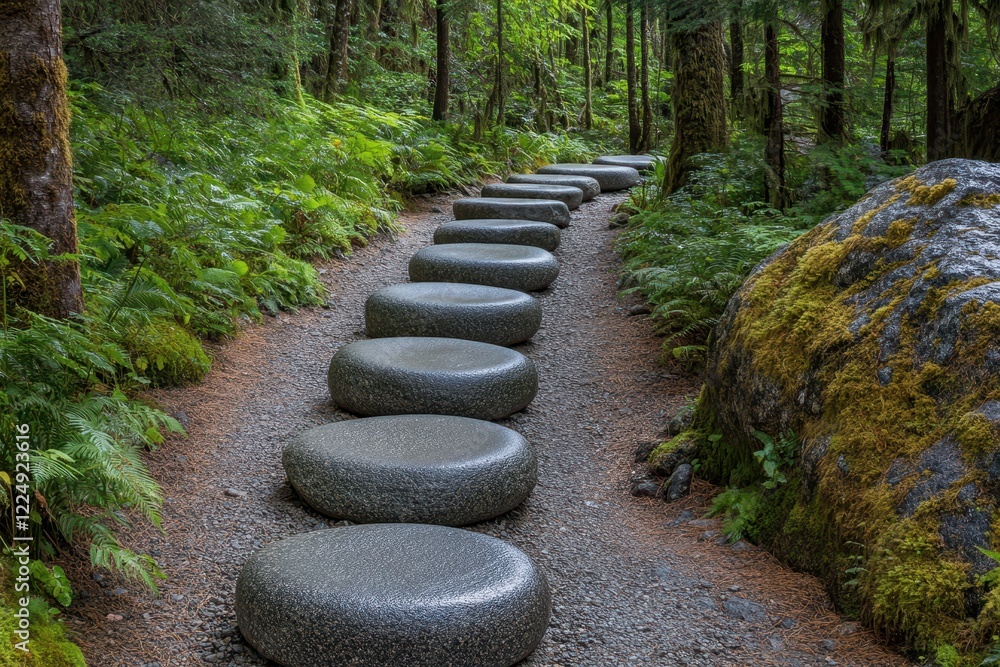 Obraz premium Serene Pathway with Smooth Stones in Lush Green Forest Setting for Tranquil Nature Escape