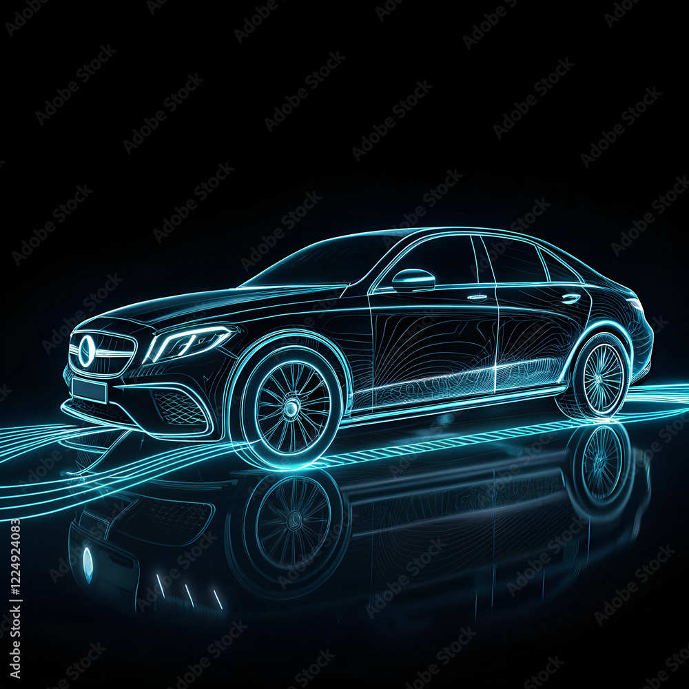 The image shows a blue glowing outline of a car, with the front left wheel being the most detailed part. The image shows a blue glowing outline of a car, with the front left wheel being the most detailed part.