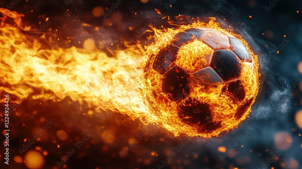 Fototapeta premium Fiery Football Passion: A soccer ball engulfed in flames streaks across a dark background, sparks flying, igniting a visual representation of the fierce passion and intensity of the sport.