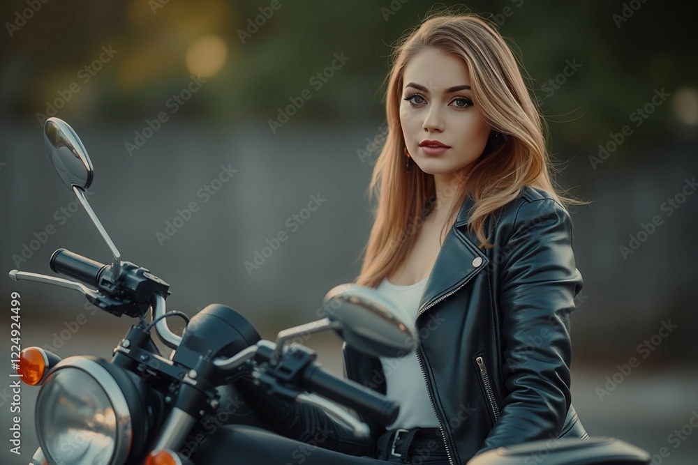 A woman is sitting on a motorcycle wearing a leather jacket. She is smiling and looking at the camera A woman is sitting on a motorcycle wearing a leather jacket. She is smiling and looking at the camera