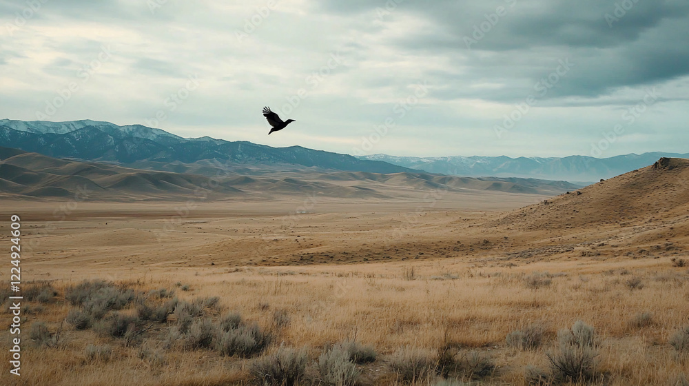 A solitary bird soaring over vast golden grasslands with distant mountains under a cloudy sky A solitary bird soaring over vast golden grasslands with distant mountains under a cloudy sky