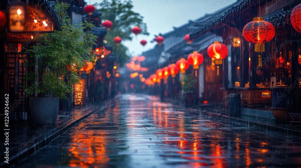 Fototapeta premium Rainy Night In A Chinese Alleyway, Glowing Red Lanterns Reflecting On Wet Cobblestones. A Tranquil, Atmospheric Scene.