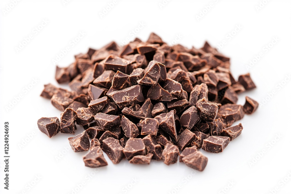 Obraz premium Pile of dark chocolate chunks on a white surface sweet treat ingredient for baking or snacking