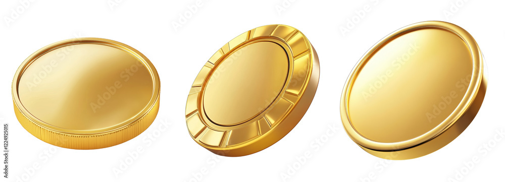 Golden Coin Collection: Three gleaming gold coins, each with a unique design and perspective, sit against a clean backdrop. Perfect for representing wealth, luxury, or success. Golden Coin Collection: Three gleaming gold coins, each with a unique design and perspective, sit against a clean backdrop. Perfect for representing wealth, luxury, or success.