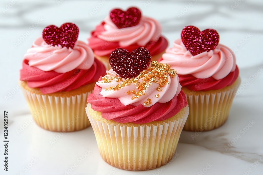 Valentine's Day cupcakes arranged in a heart-shaped pattern, decorated with pastel pink icing and red heart-shaped sprinkles for a sweet and festive touch. Valentine's Day cupcakes arranged in a heart-shaped pattern, decorated with pastel pink icing and red heart-shaped sprinkles for a sweet and festive touch.
