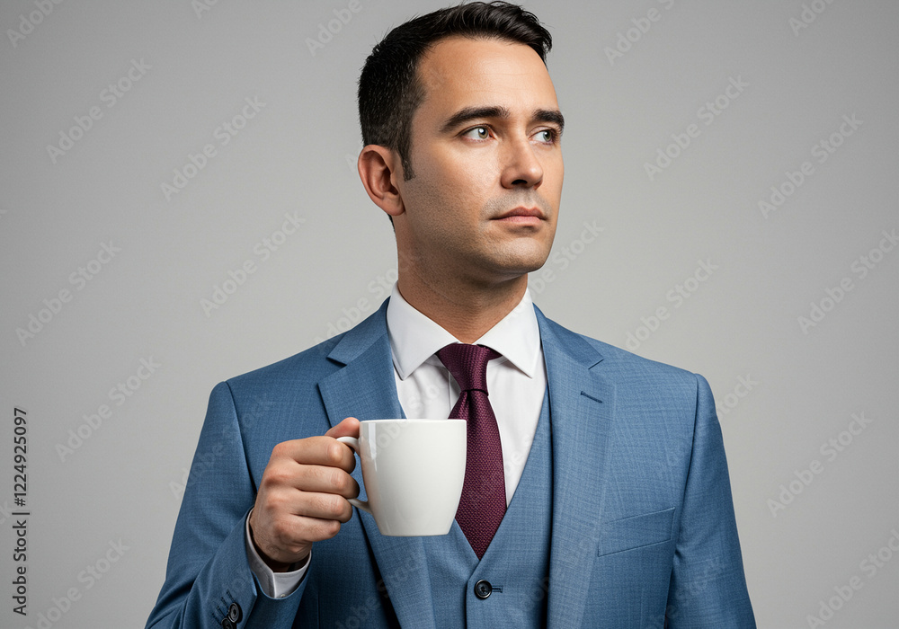Man holding coffee cup in business attire with a confident expression Man holding coffee cup in business attire with a confident expression