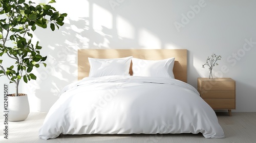 Bright bedroom with white bedding, sunlight, plants. Home decor, interior design