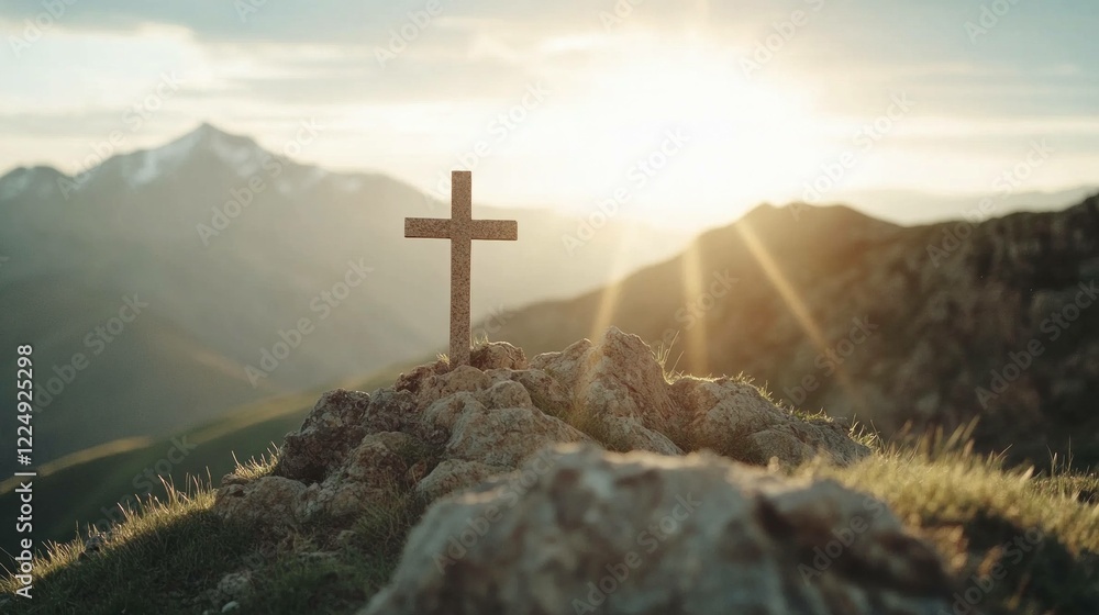 A serene cross stands on a rocky hill, bathed in warm sunlight during a tranquil sunset, symbolizing faith and reflection in nature s beauty A serene cross stands on a rocky hill, bathed in warm sunlight during a tranquil sunset, symbolizing faith and reflection in nature s beauty
